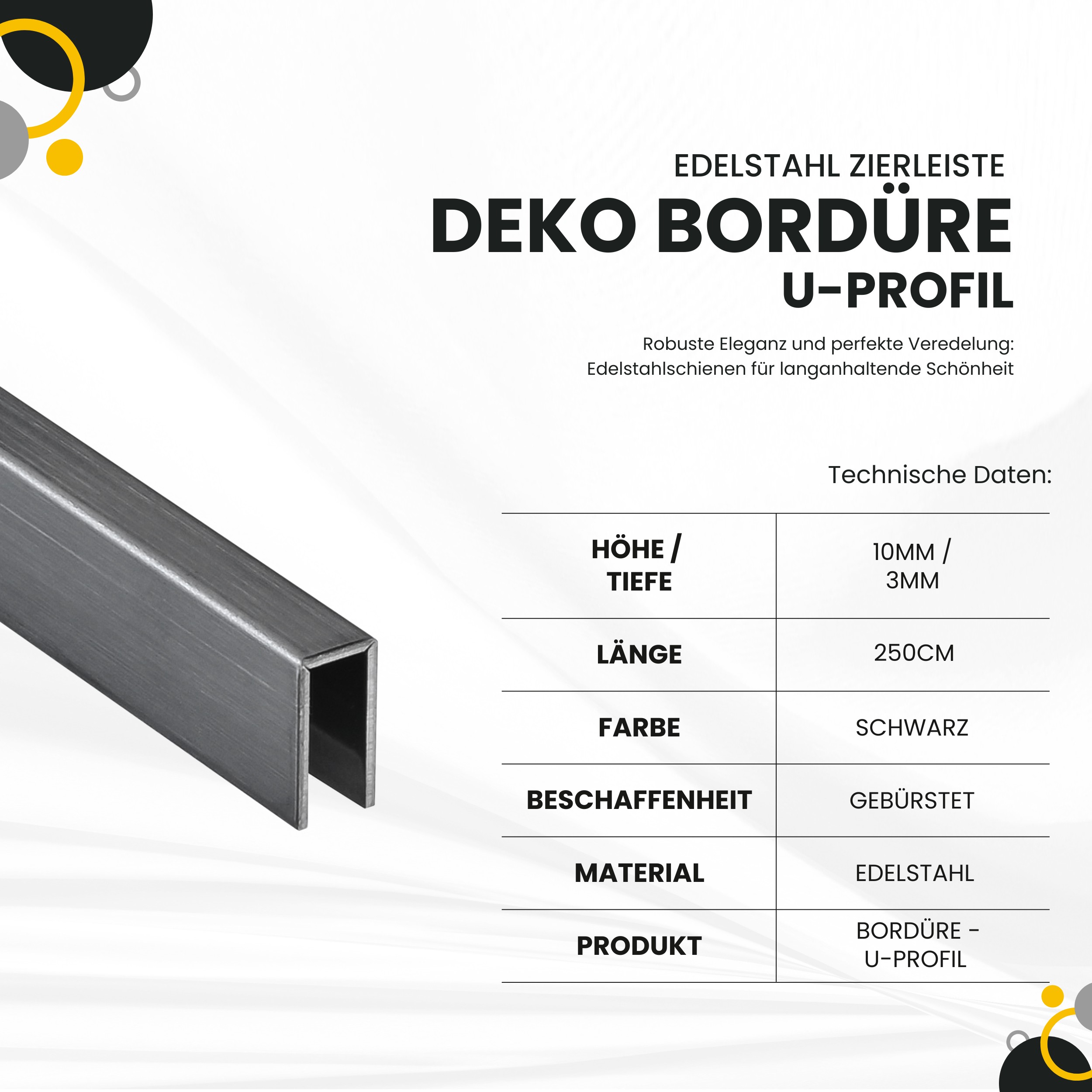 Deko Bordüre U-Profil Zierleiste Fliesenschiene Edelstahl V2A L250cm 3mm schwarz gebürstet Deko Bordüre U-Profil Zierleiste Fliesenschiene Edelstahl V2A L250cm 3mm schwarz gebürstet