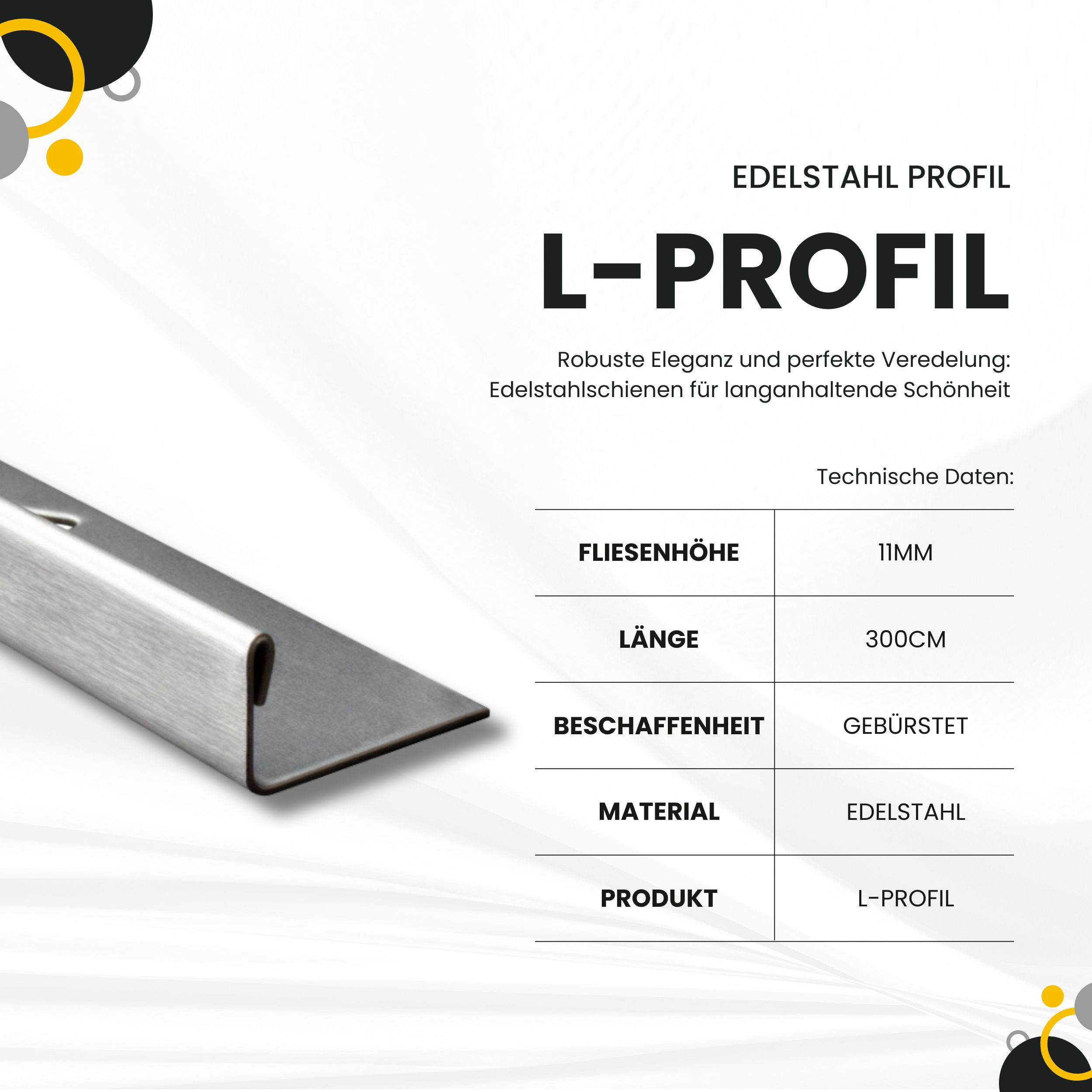 L-Profil Edelstahlschiene Profil Fliesenschiene Edelstahl V2A L300cm 11mm gebürstet