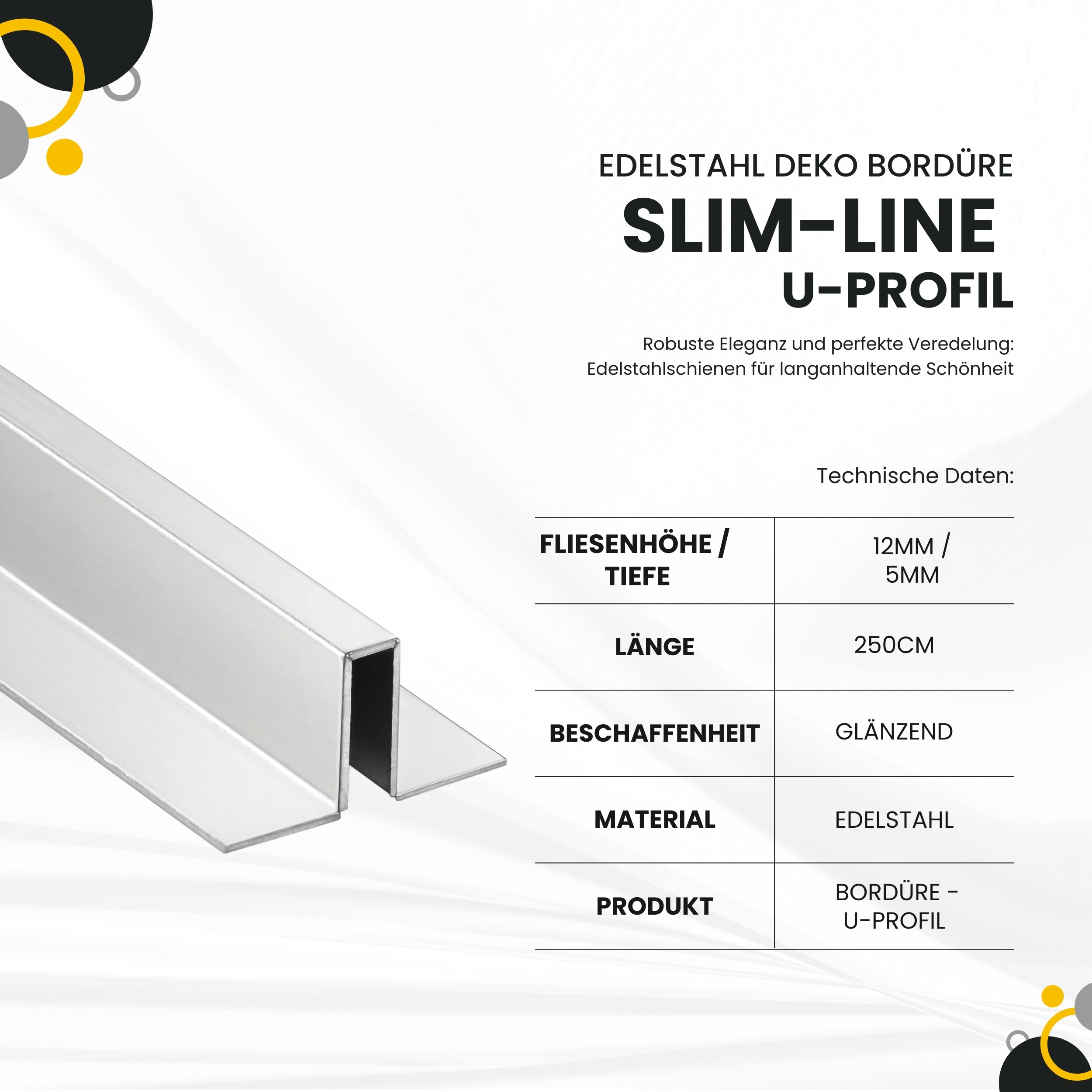 Slim-Line U-Profil Bordüre mit Schenkel Fliesenschiene Edelstahl V2A L250cm H12 glänzend