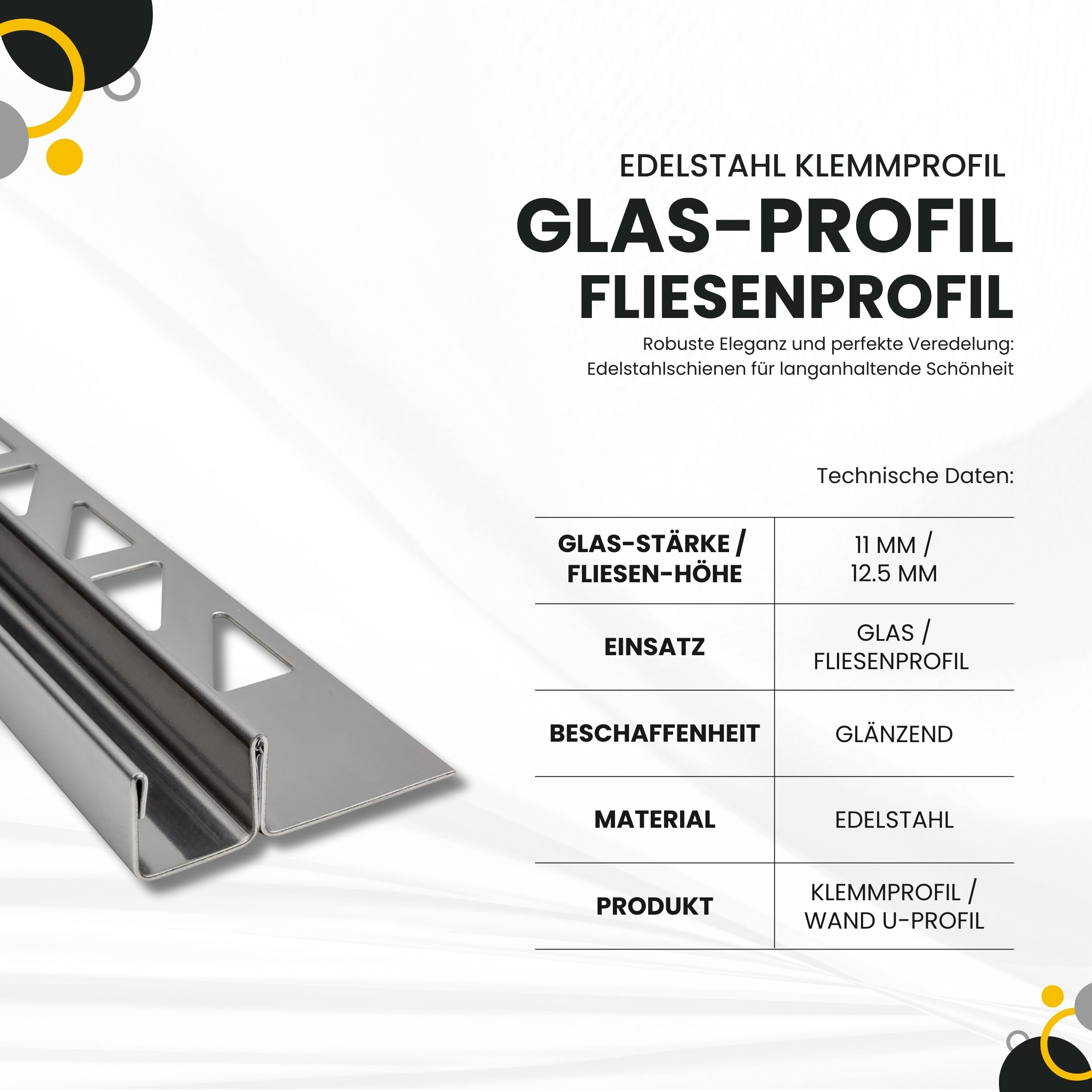 Glas-Fliesenprofil Edelstahl Klemmprofil Wandprofil V2A 2m H12.5mm 11mm-Glas glänzend