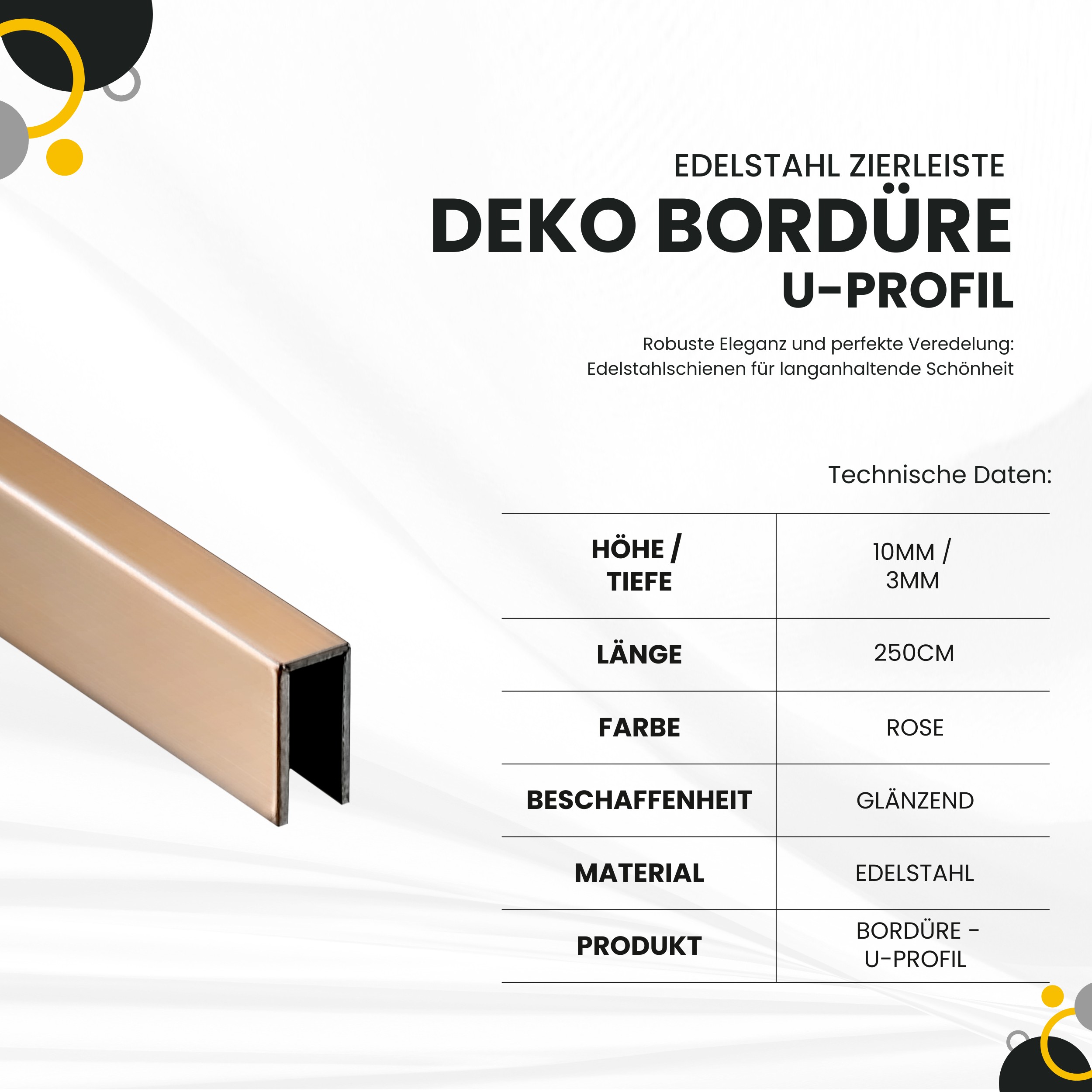 Deko Bordüre U-Profil Zierleiste Fliesenschiene Edelstahl V2A L250cm 3mm rose glänzend Deko Bordüre U-Profil Zierleiste Fliesenschiene Edelstahl V2A L250cm 3mm rose glänzend