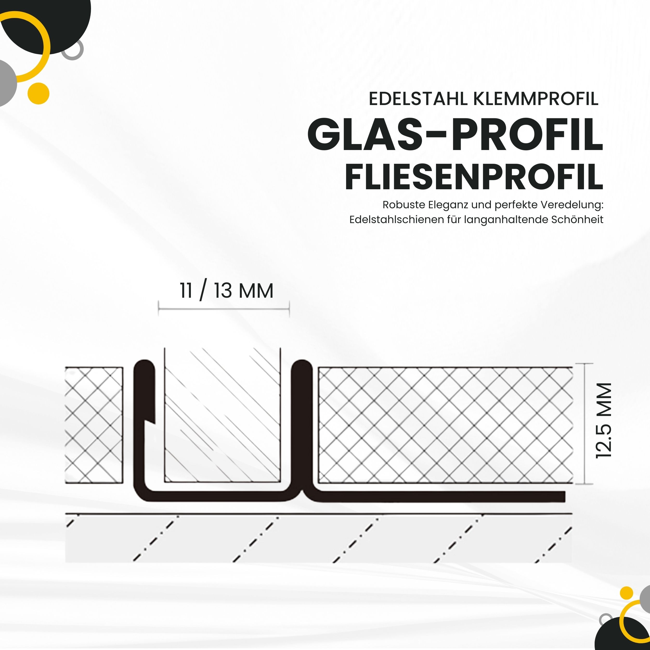 Glas-Fliesenprofil Edelstahl Klemmprofil Wandprofil V2A 2m H12.5mm 13mm-Glas glänzend