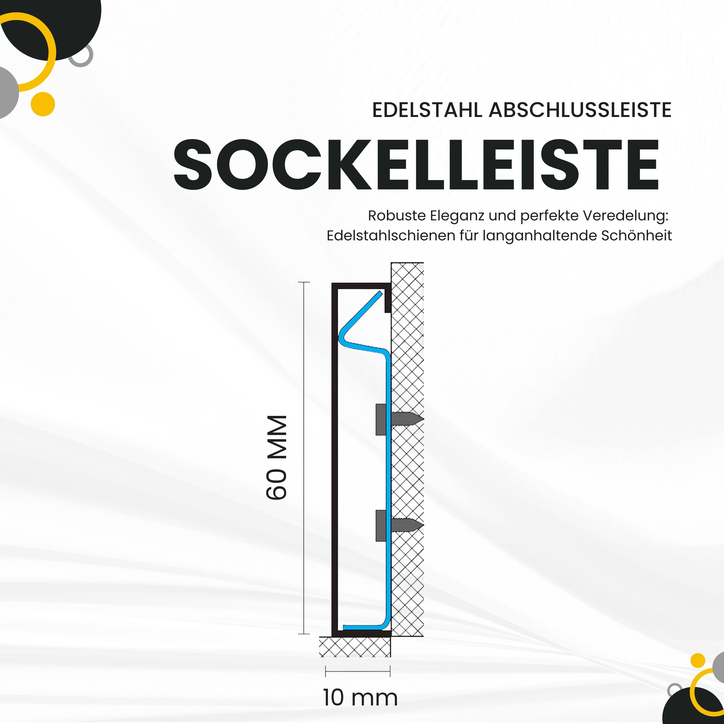 Sockelleiste Edelstahl Fußbodenleisten V2A L250cm 60mm schwarz anthrazit gebürstet Endkappe links Sockelleiste Edelstahl Fußbodenleisten V2A L250cm 60mm silber gebürstet Halter