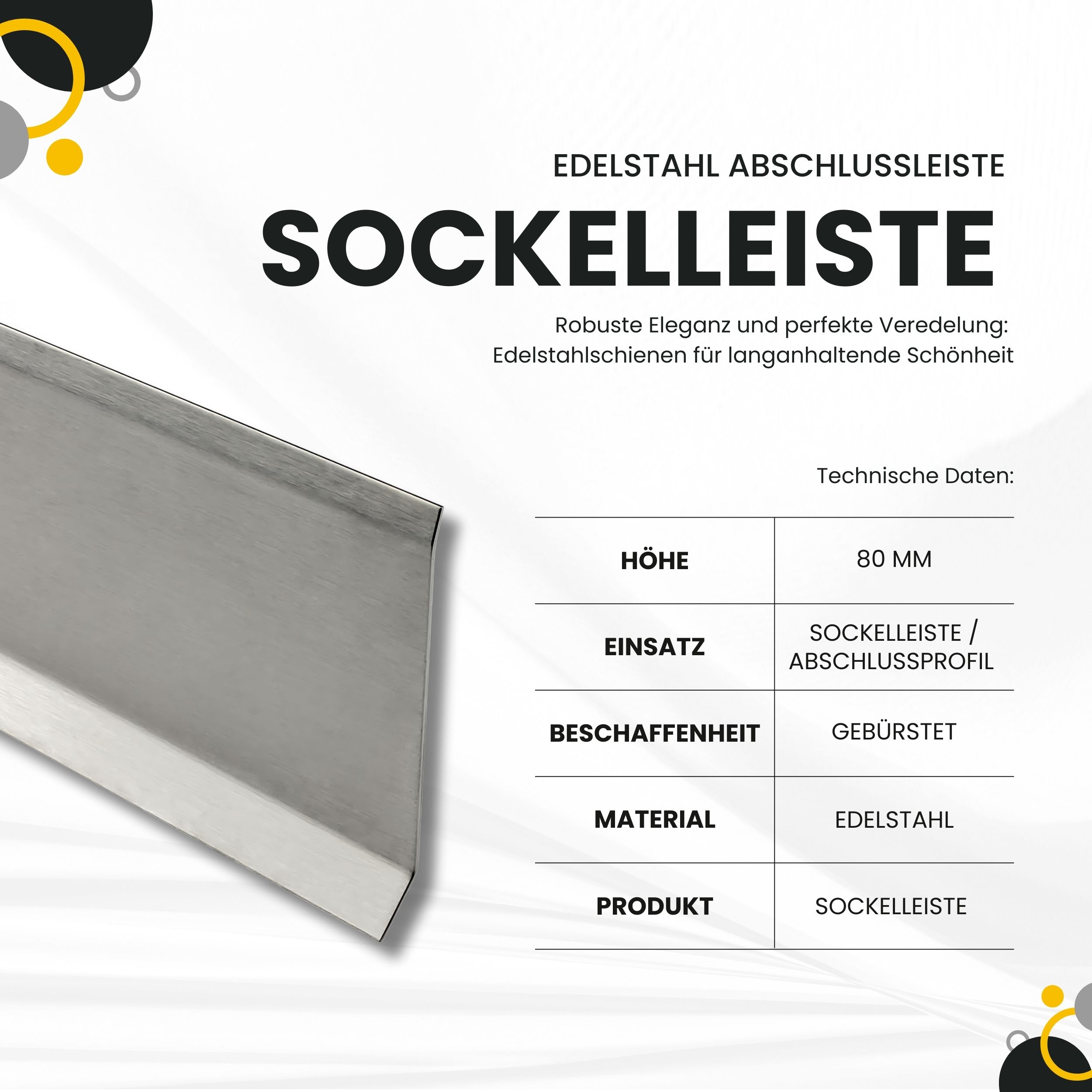 Sockelleiste Edelstahl Fußbodenleisten V2A L250cm 80mm gebürstet Sockelleiste Edelstahl Fußbodenleisten V2A L250cm 80mm gebürstet