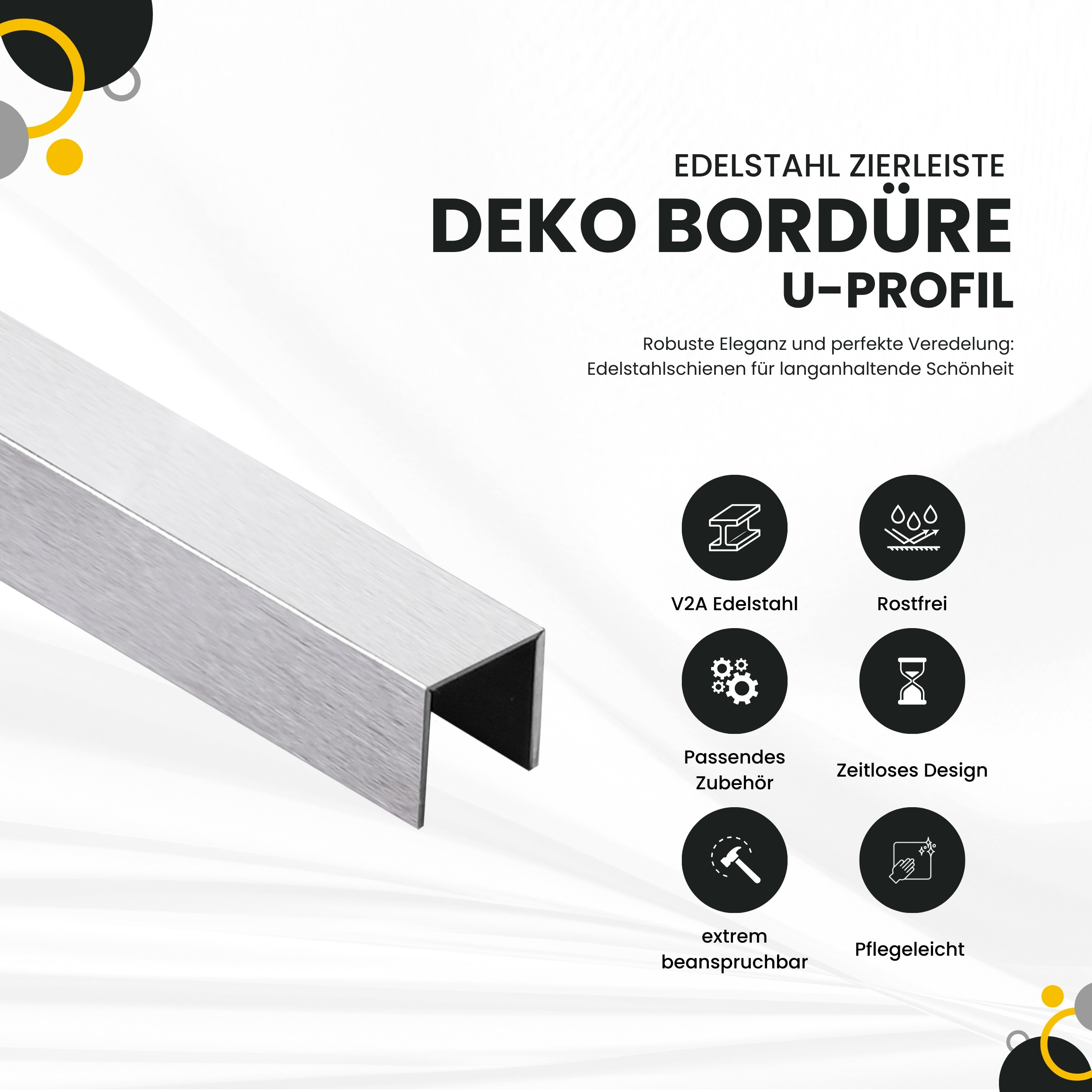 Deko Bordüre U-Profil Zierleiste Fliesenschiene Edelstahl V2A L250cm 10mm silber gebürstet