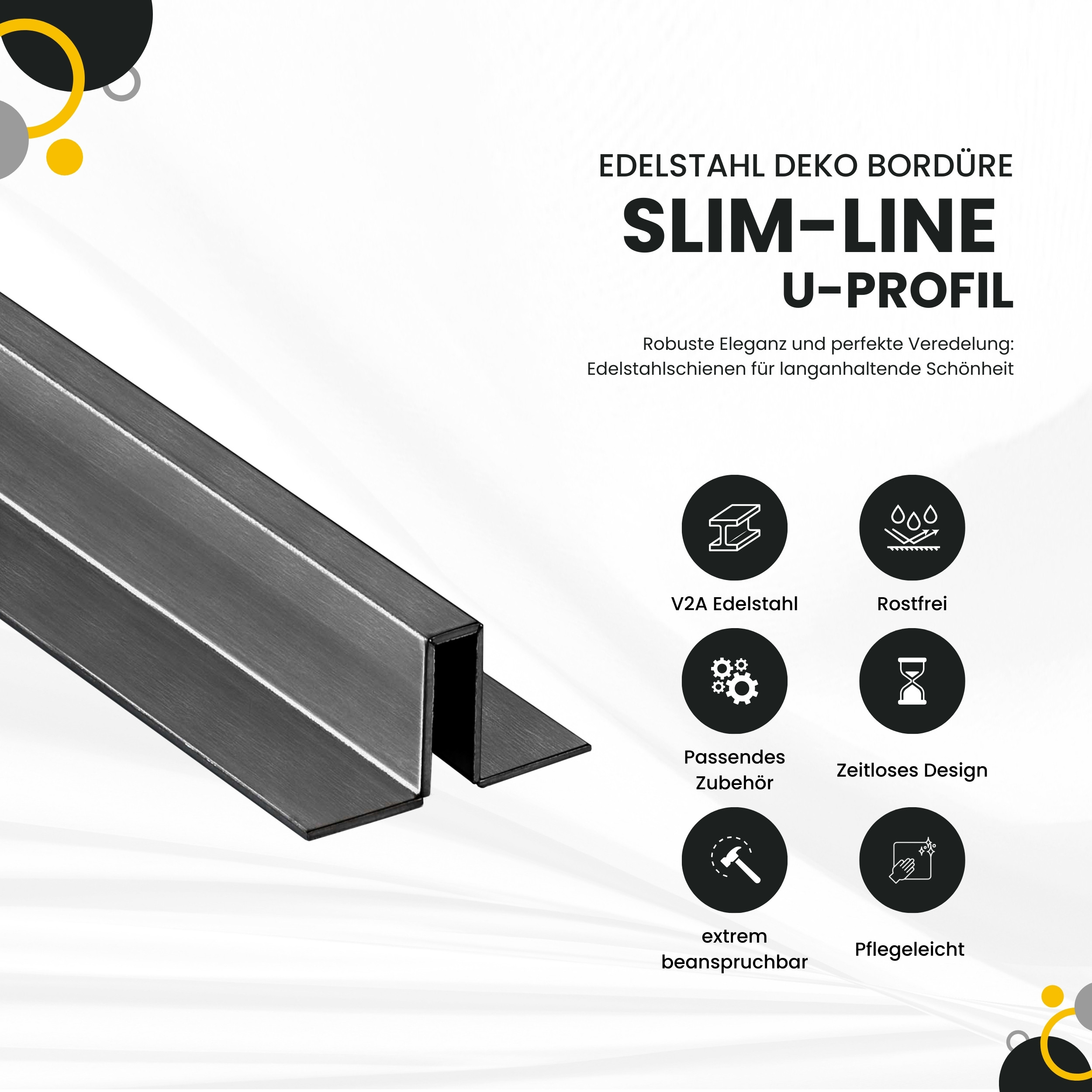 Slim-Line U-Profil Bordüre mit Schenkel Fliesenschiene Edelstahl V2A L250cm H10 schwarz anthrazit gebürstet