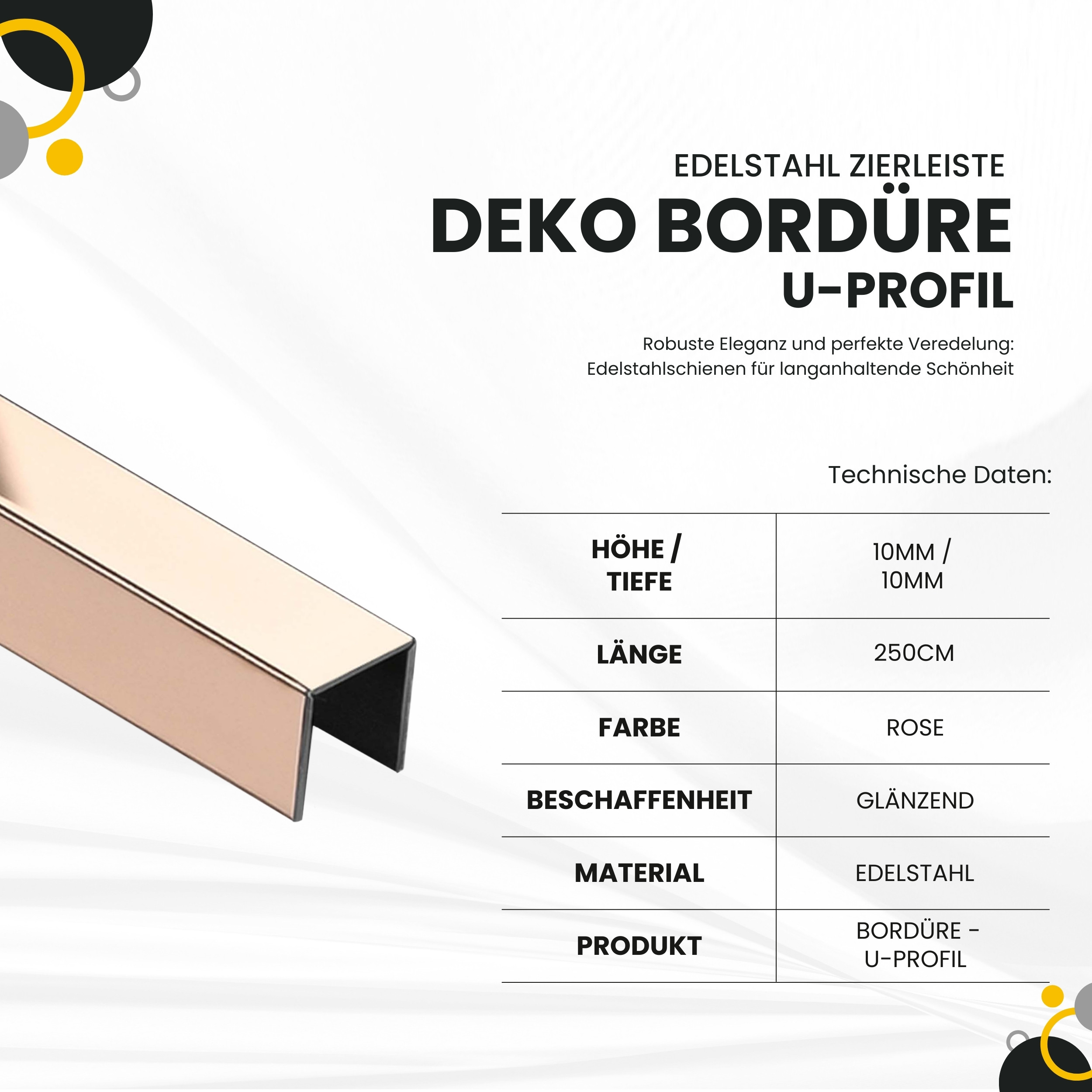Deko Bordüre U-Profil Zierleiste Fliesenschiene Edelstahl V2A L250cm 10mm rose glänzend Deko Bordüre U-Profil Zierleiste Fliesenschiene Edelstahl V2A L250cm 10mm rose glänzend