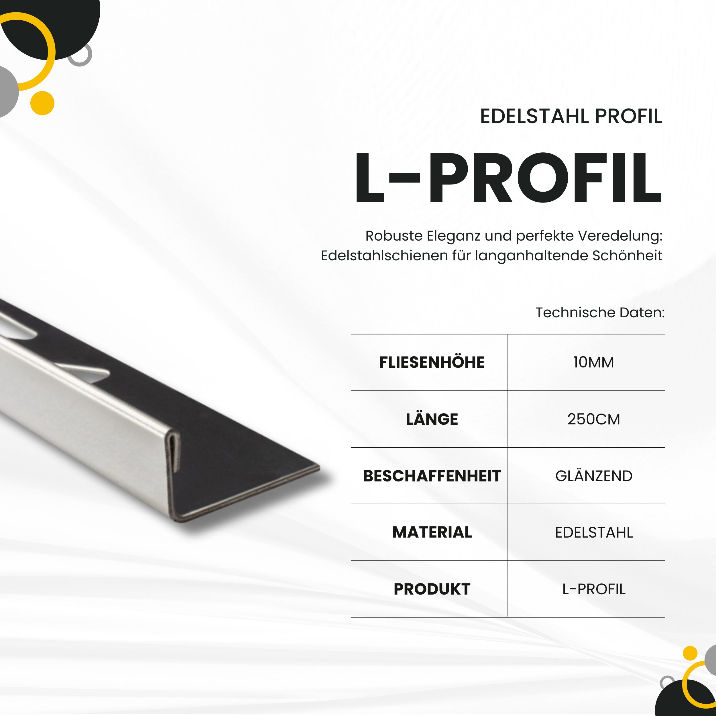 L-Profil Edelstahlschiene Profil Fliesenschiene Edelstahl V2A L250cm 10mm glänzend L-Profil Edelstahlschiene Profil Fliesenschiene Edelstahl V2A L250cm 10mm glänzend