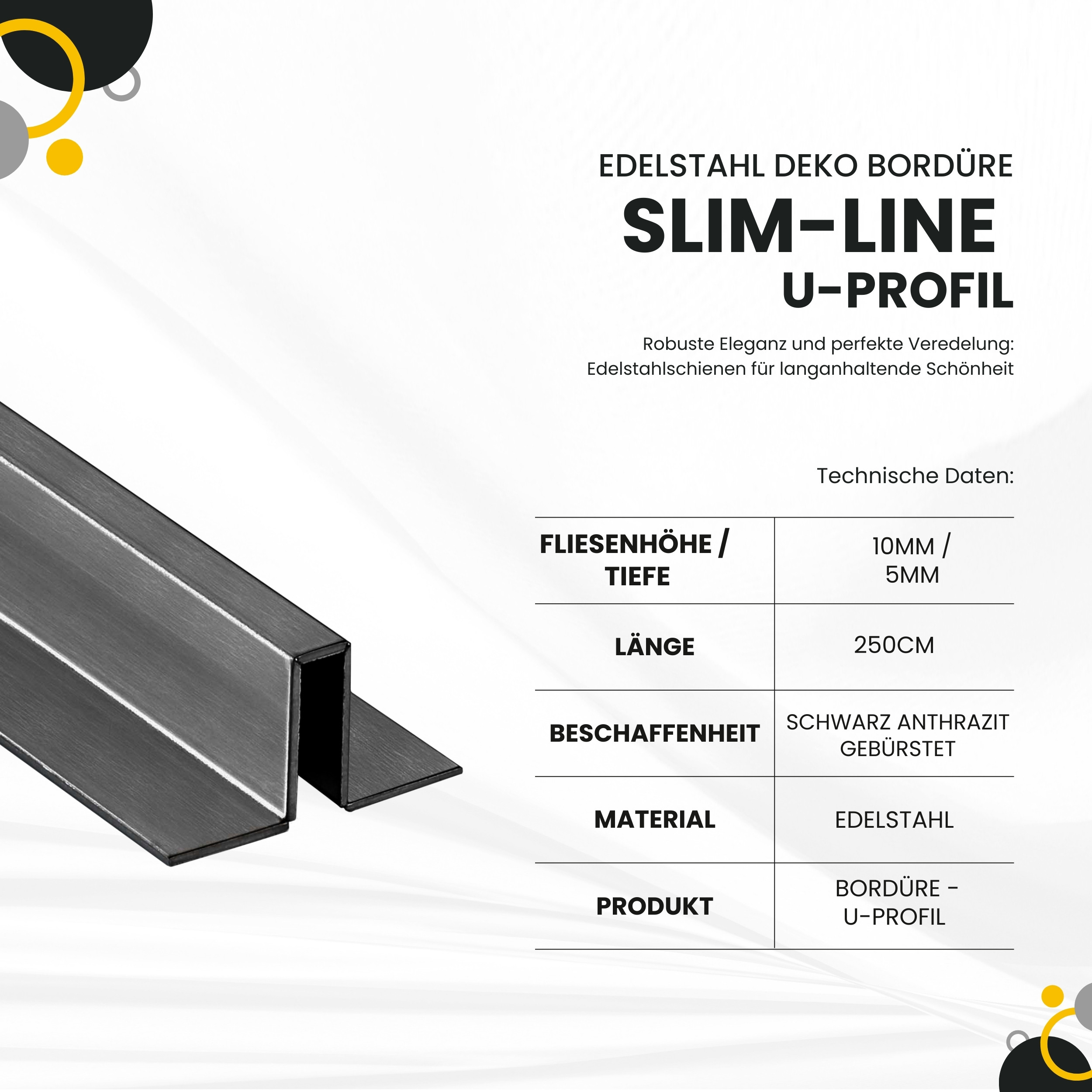 Slim-Line U-Profil Bordüre mit Schenkel Fliesenschiene Edelstahl V2A L250cm H10 schwarz anthrazit gebürstet