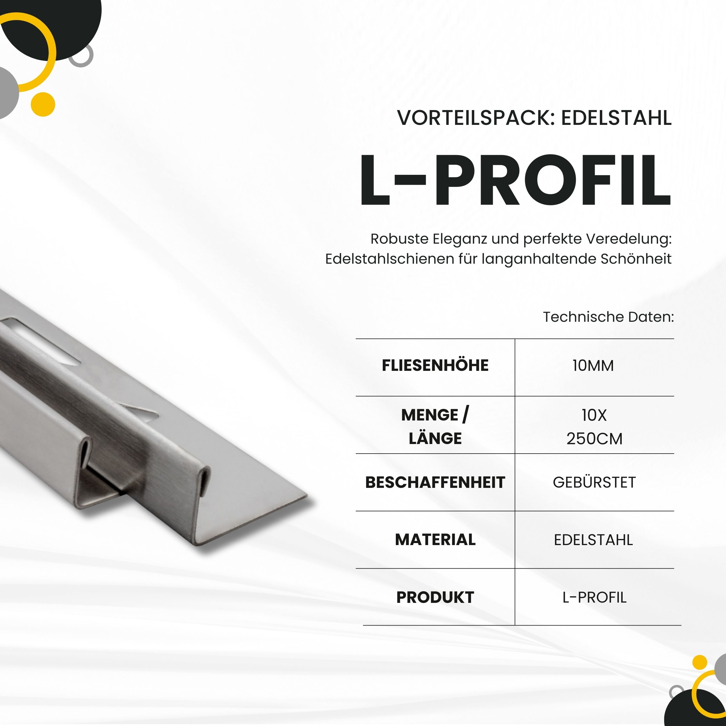 10x L-Profil Edelstahlschiene Fliesenschiene Fliesenprofil L250cm 10mm gebürstet